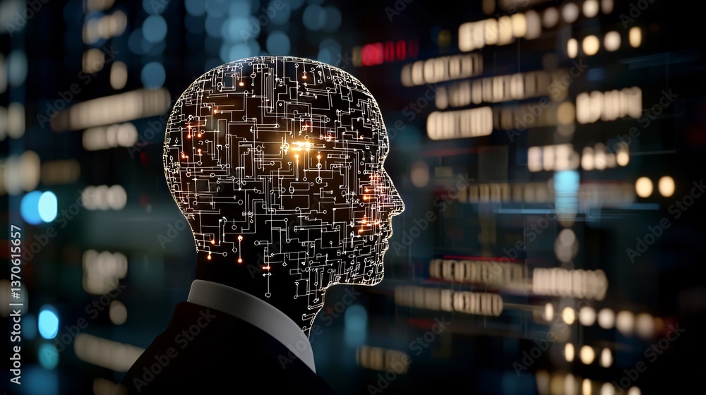 Poster intelligence cognitive optimization. digital human head with circuit patterns against a blurred city