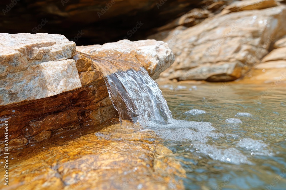 Aufkleber close-up shot of small waterfall cascading over textured rocks into a clear pool reflecting bright d