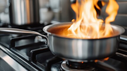 Bright flames dance energetically atop a stainless steel pan, evoking warmth and culinary passion in a kitchen setting.