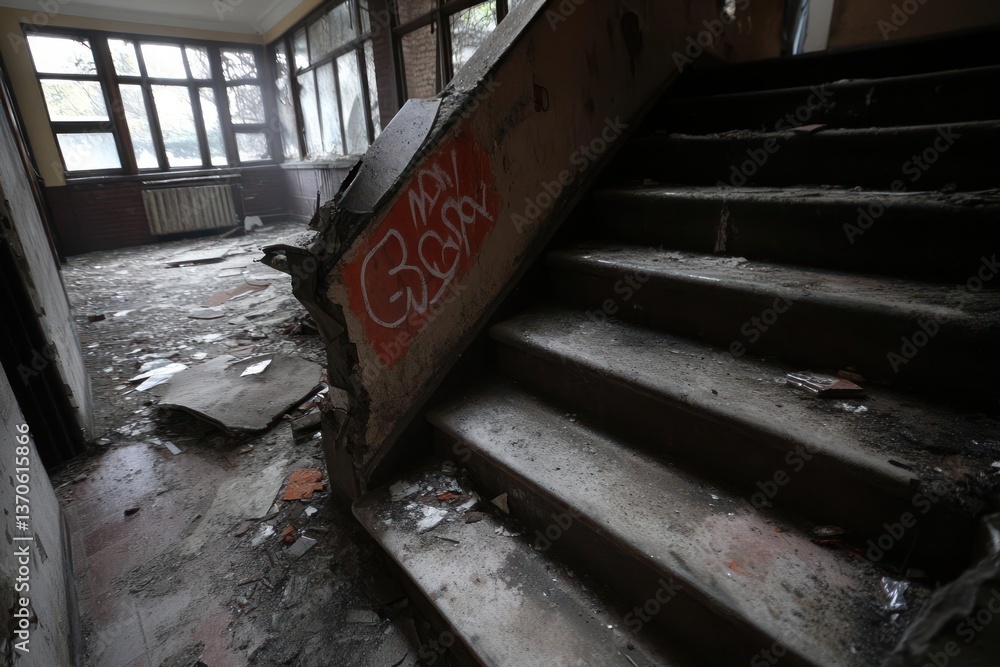 Poster dilapidated interior of a building with debris scattered on the floor. concrete stairs ascend toward