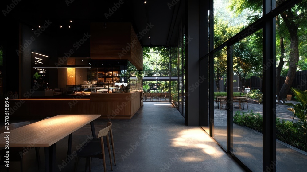 Poster interior perspective of a cafe with natural light streaming through large windows revealing lush gre