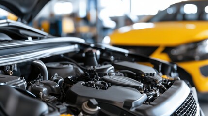 Fototapeta premium Close-up of a sleek car engine, revealing intricate details of automotive engineering within a vibrant mechanic's workshop.