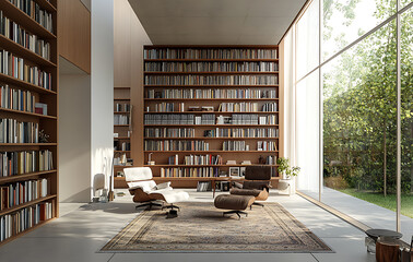 Minimalist home library with a large bookshelf, reading chair, and a soft rug in a bright and airy space 