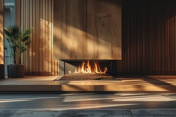 A fireplace with a plant in a pot next to it