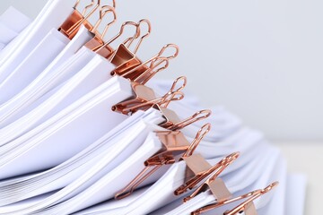 Binder clips with sheets of paper on blurred background, closeup. Space for text