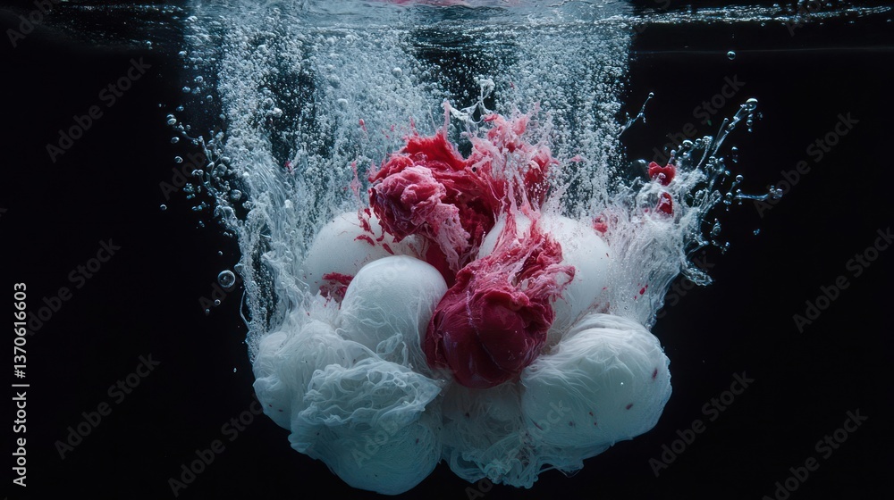 Poster Dynamic water splash with submerged white spheres and bursts of red liquid against a dark background showcasing motion and texture
