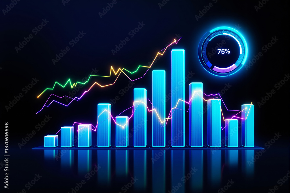 Leinwandbilder futuristic glowing bar chart with neon financial graphs and data visualization on a dark background.