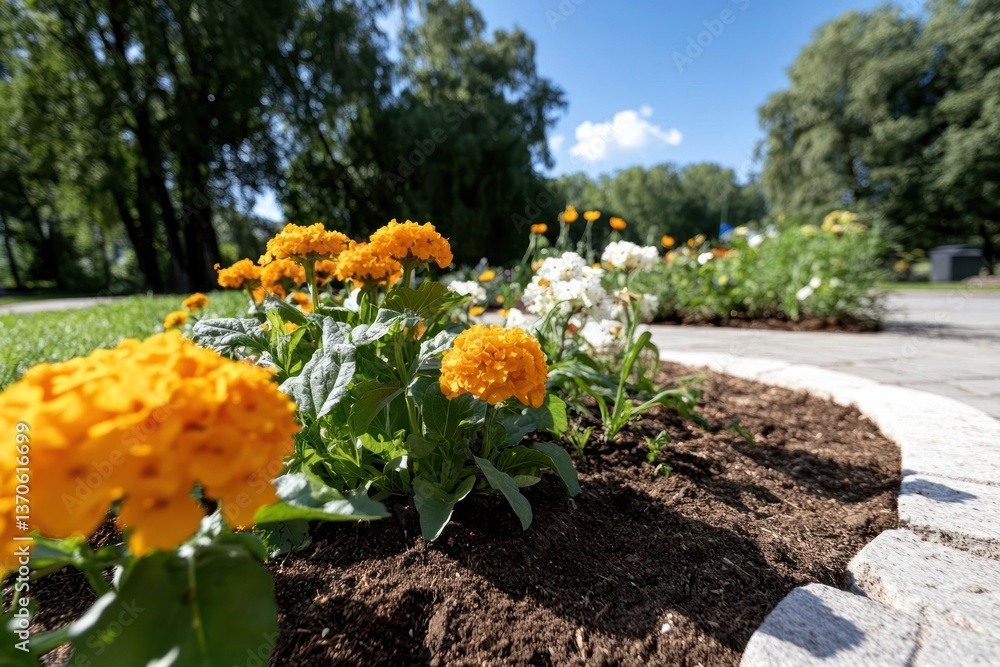 Poster close up view of vibrant orange and white flowers in a garden bed on a sunny day with green grass an