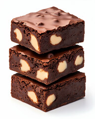 Three decadent chocolate brownies with creamy white filling, stacked high