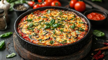Fototapeta premium Delicious eggplant pizza, dark background