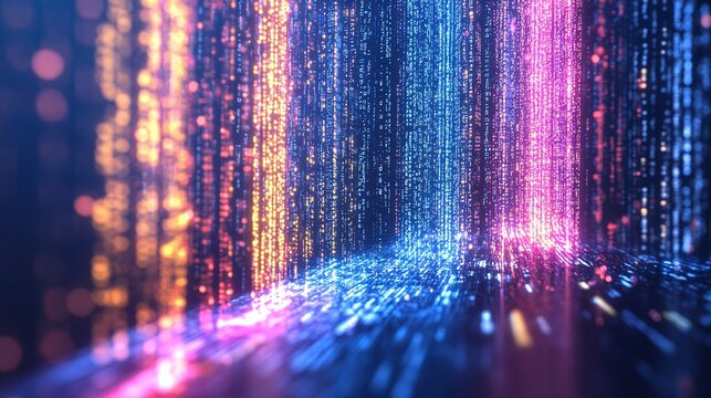 Digital Data Stream: A vibrant and mesmerizing display of digital data flowing across a futuristic landscape, symbolizing connectivity and technological advancements.