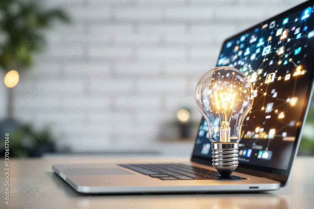 Poster Illuminated light bulb on laptop keyboard symbolizing innovation and technology.