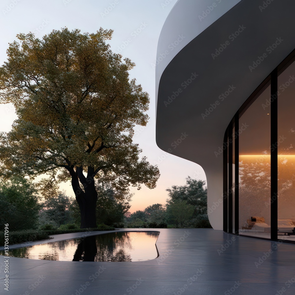 Poster modern curved building exterior with large windows overlooking a reflective pool and a tree at sunse