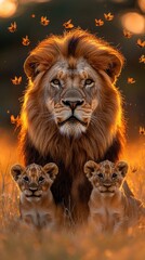A majestic lion and his two cubs under the warm sunlight