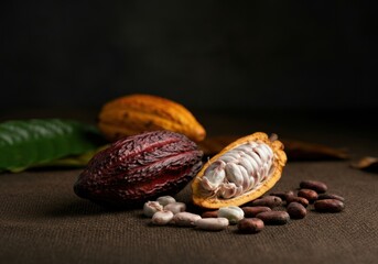 Obraz premium Cocoa pods and beans showcasing the rich essence of chocolate production