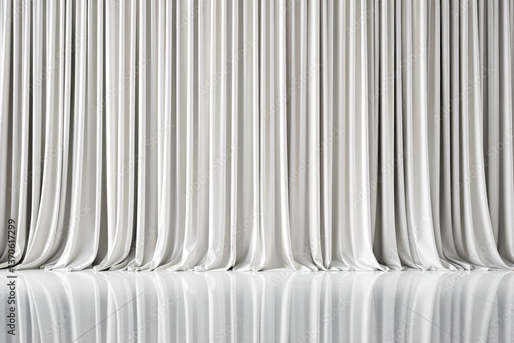 Poster white silk curtains with soft folds and reflections on a glossy floor.