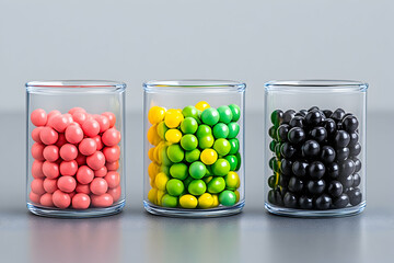 Three glass containers filled with colorful spheres