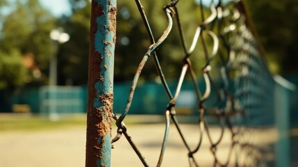 A rusted chain-link fence under sunlight, showcasing the beauty in decay, bordered by a blurred background of greenery.