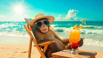 Relaxed Monkey Sunbathing on a Beautiful and Cool Beach