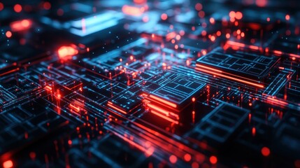 Obraz premium Abstract Digital Circuitry, Neon Red and Blue Glowing Network