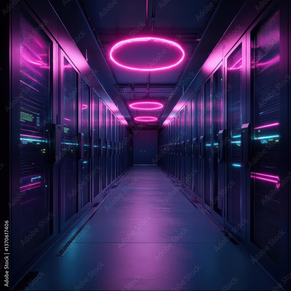 Aufkleber data center hallway perspective with server racks neon lights and reflective floor creates a futuris