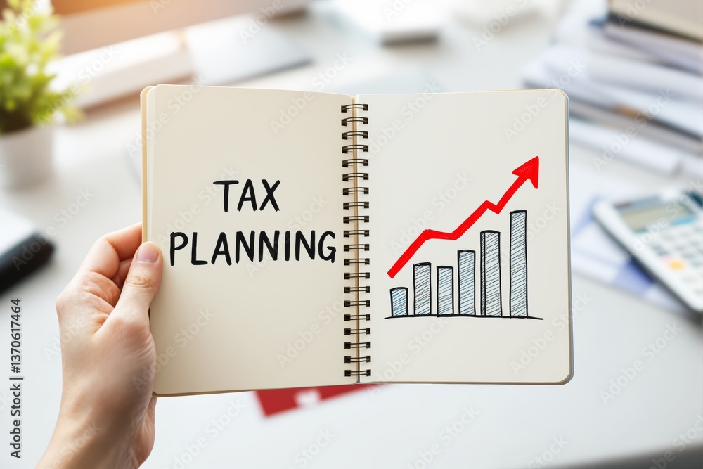 Poster tax planning concept with a notebook displaying a growth chart.