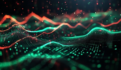 Abstract Wavy Particle Surface with Green and Red Glowing Dots