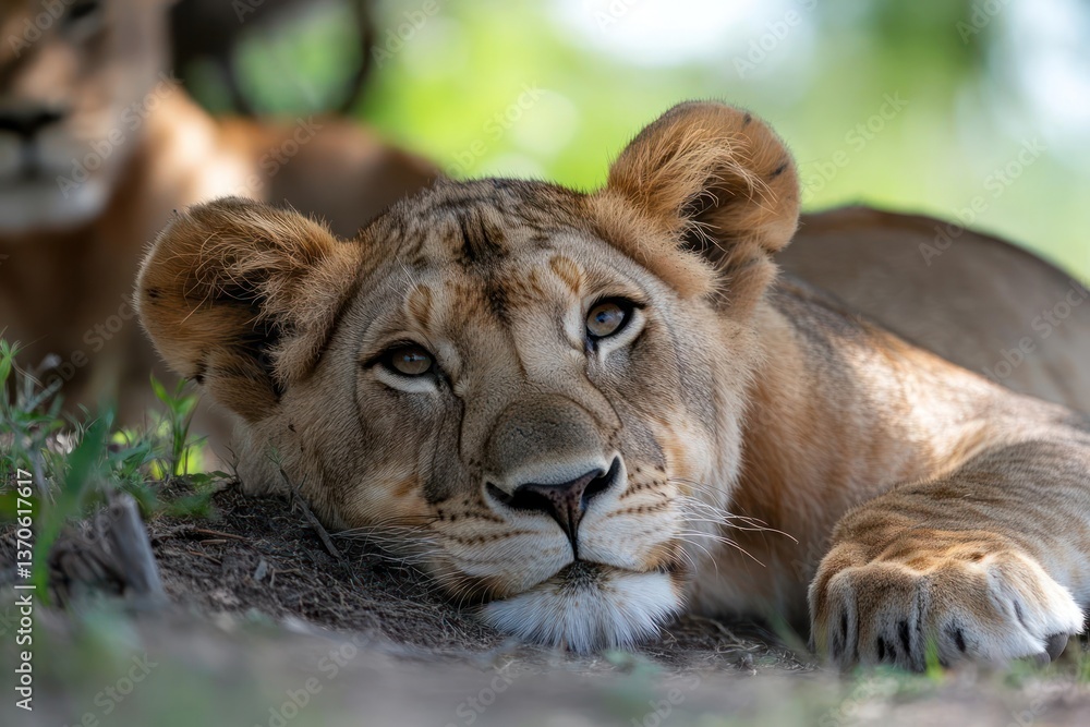 Poster close up portrait of a young lioness resting on the ground with another lion in the background under