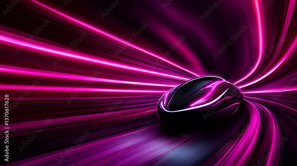 Poster abstract dark sphere reflects pink light streaks in a futuristic design, creating a sense of motion 