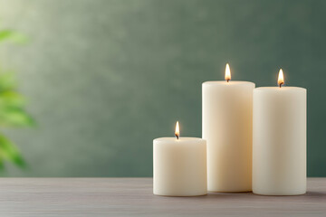 Three lit white candles on a wooden surface against a muted green background