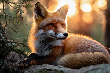 Obraz premium Fox resting peacefully on a log during sunset 
