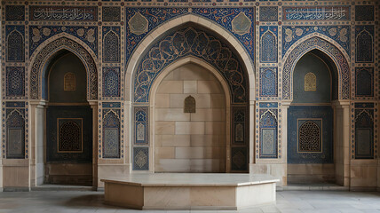 Ornate islamic architecture featuring arches and intricate tile work in a historical building interior