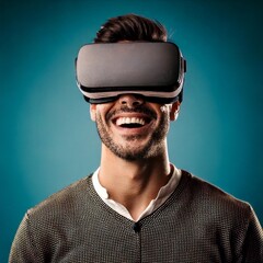 Obraz premium Happy man wearing VR googles