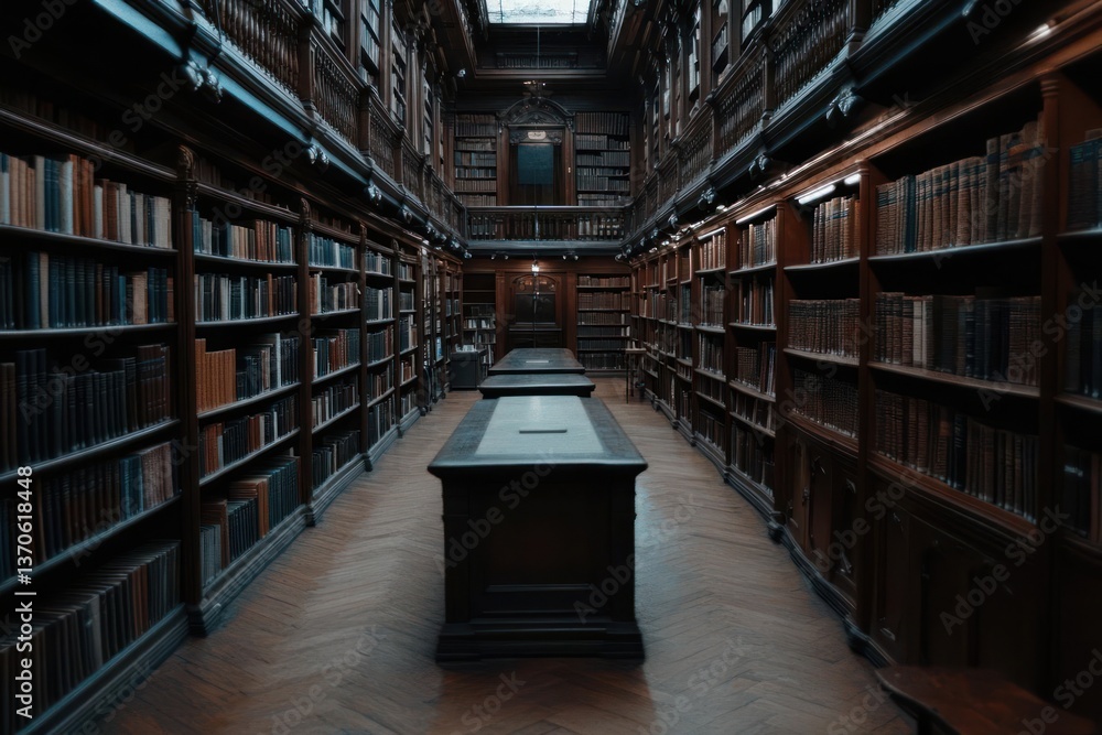 Poster Interior view of a classic library filled with books on shelves and reading tables creating a historical atmosphere