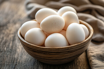Brown eggs in a wooden bowl, placed on a rustic wooden surface.