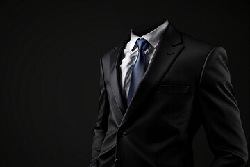 Headless businessman in black suit with blue tie on dark background.