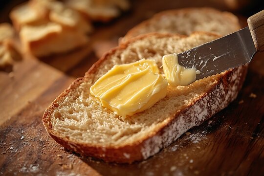 A close-up of a knife spreading butter on a slice of warm bread