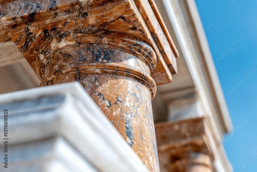 Poster Close up of a classical column showing intricate details and textures against a clear blue sky with bright sunlight