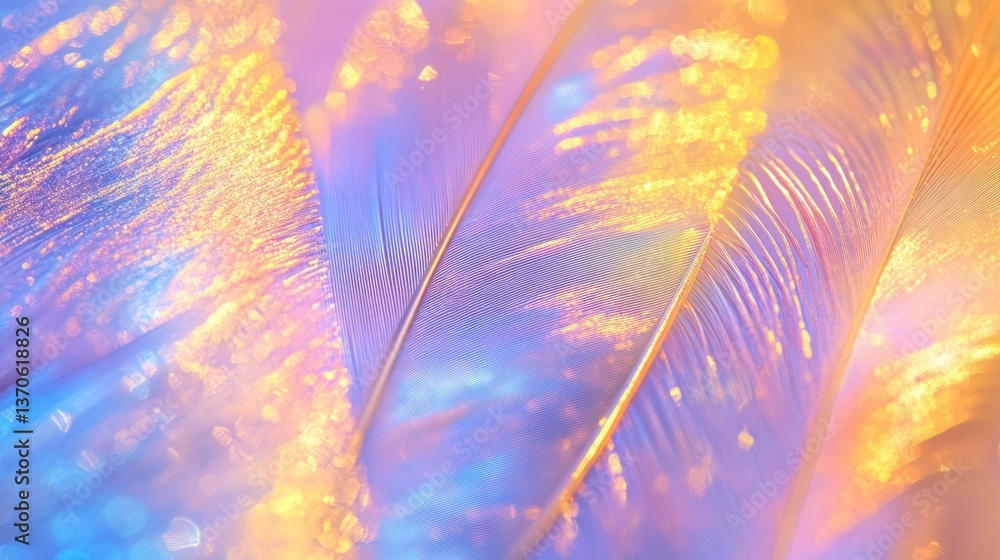 Poster close up shot showing soft feathers with iridescent colors and highlights