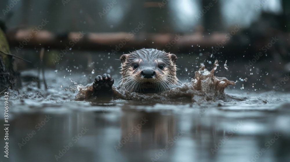 Poster an animal swims through murky water raising a paw creating a splash with its wet fur and dark eyes l