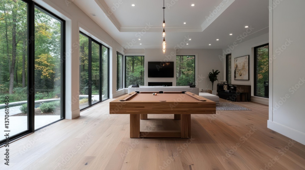 Aufkleber Interior shot of a modern home with a pool table hardwood floors and large windows with forest view. Soft lighting and a minimalist design for a relaxed atmosphere