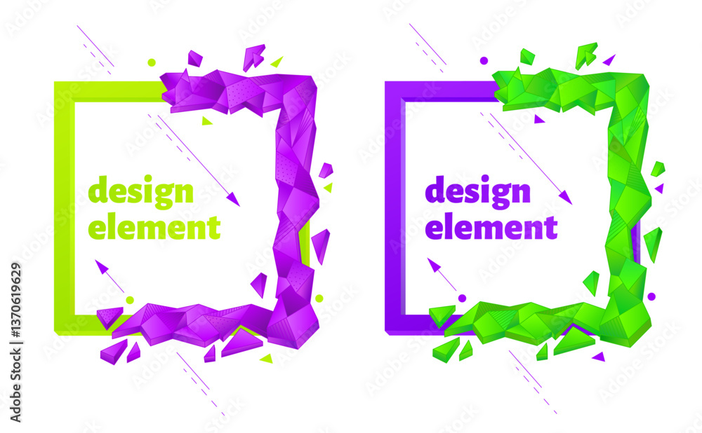 Fototapete A square vector abstract frame with a broken faceted crystal. 3d shape with triangles. Polygonal, geometric. Vector template. A place for the text.
