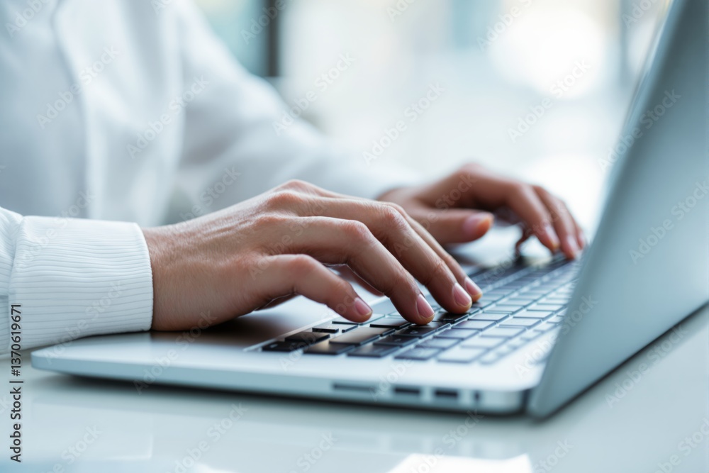 Poster close-up of hands typing on a laptop keyboard in a business environment.
