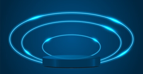 Blue Studio Background With Podium Stage And Neon Light Line. Minimal. Vector Illustration. Wallpaper