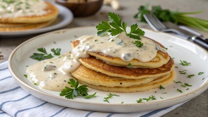 Enjoying savory blini topped with creamy b chamel sauce crafted for a delightful culinary experience