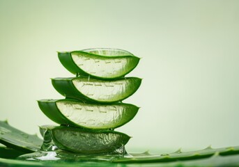 Fresh aloe vera slices stacked on a green background, symbolizing natural skincare