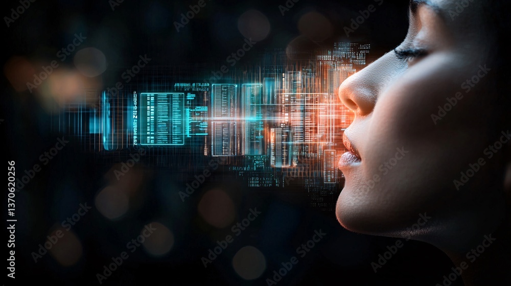 Poster intelligence cognitive optimization. digital art depicting a woman exhaling abstract data patterns.
