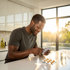 A smiling dark-skinned man holds a packet of vitamins and prepares to take one. A man is in a cozy kitchen and is about to take vitamins to improve his health.