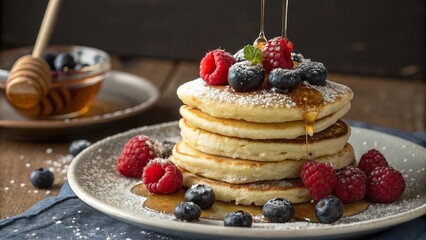 Indulge in a delightful stack of blini topped with honey, fresh berries, and dusted with powdered sugar for a sweet breakfast treat