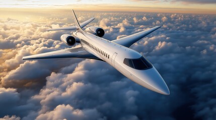 A sleek modern aircraft soars above fluffy clouds under a vibrant sunset sky, showcasing advanced design and the beauty of flight.